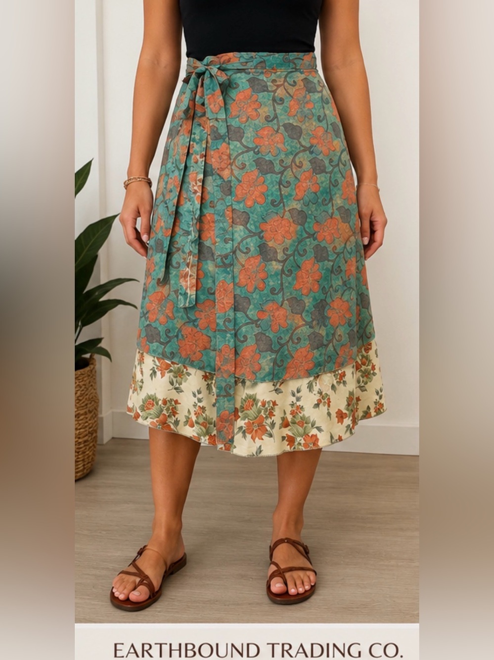 Earthbound Trading Co 100% Silk Wrap Skirt Boho Tie Waist Handmade OS